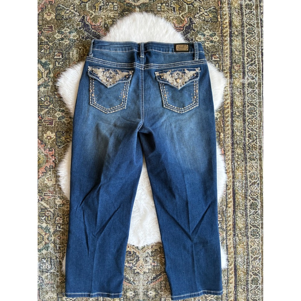 Earl Jean Women's Blue Denim Embellished Pocket Straight capri Leg Jeans Size 8 - Picture 4 of 8